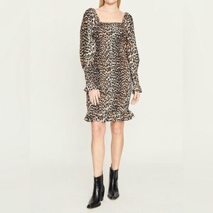 Ganni Smocked Square front Leopard Dress, size EU 42 US 10
